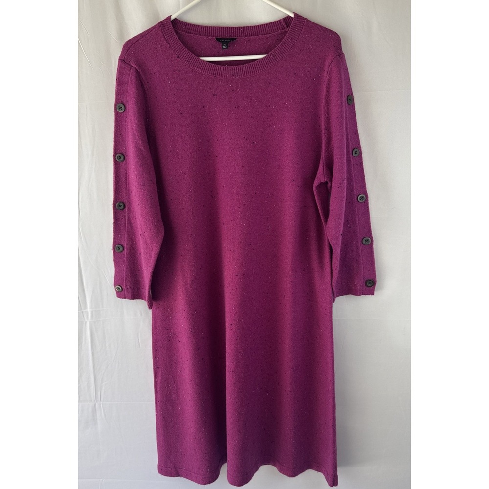 Talbots Dress Women's Sz XL Purple Kitty Tweed Button Accent Open Neck Sweater